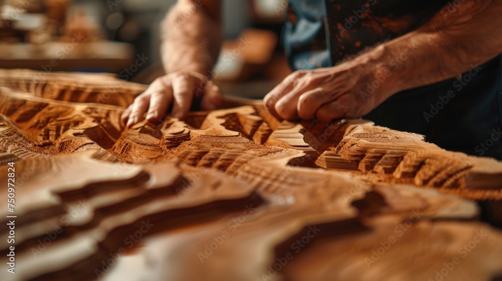 Poster Close up of a person working on a piece of wood. Suitable for woodworking or craftsmanship projects