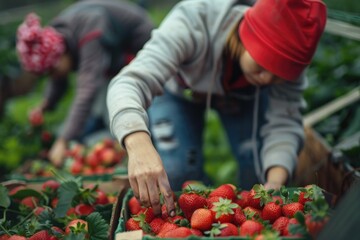 Fototapeta premium Two women picking fresh strawberries in a lush field. Ideal for food and agriculture concepts