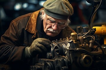 Fototapeta na wymiar Senior mechanic man working in garage. Elderly male repairing and fixing machinery engine. Generate ai