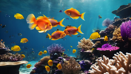 Fototapeta na wymiar Dive into the depths of an underwater wonderland, where coral reefs explode with bright and bold colors. Exotic fish swim through crystal-clear waters, creating a mesmerizing aquatic scene