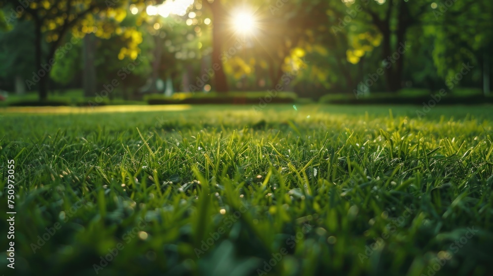 Poster Sunlight filtering through trees in a peaceful park setting, ideal for nature and relaxation concepts