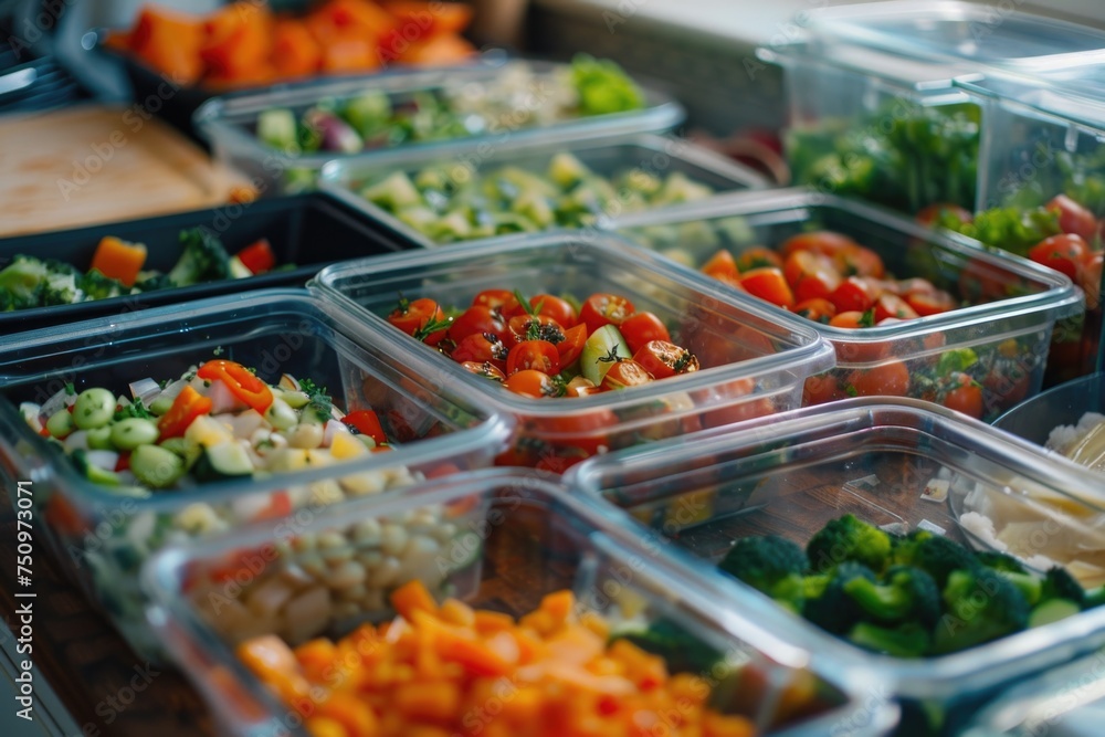 Poster assorted containers filled with different types of food. suitable for food storage or meal prep