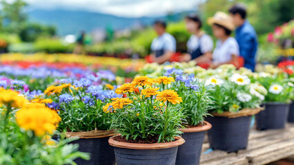 Colorful flowers in pot on blurred background of people working in the garden. - 750973049