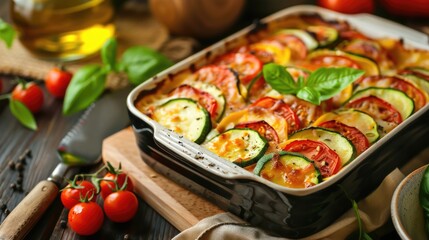 Fresh tomatoes and zucchini on a cutting board, ideal for recipe blogs or cooking magazines