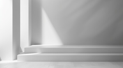 A minimalist room with white walls and stairs. Ideal for interior design concepts