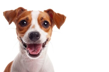 A lively brown and white dog with its mouth open. Perfect for pet-related designs