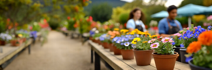 Panoramic view of colorful flowers in pots on table in garden center