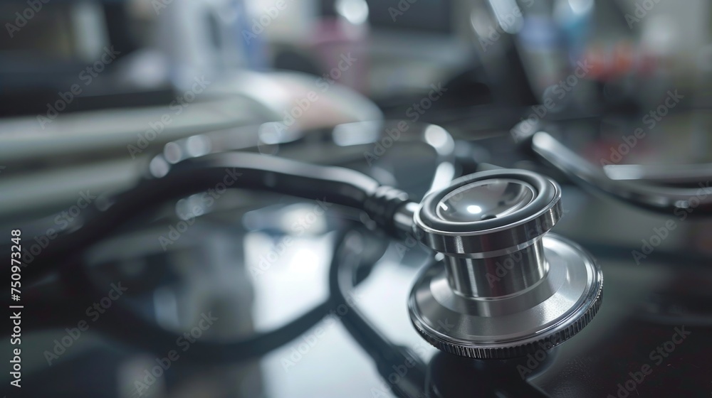 Poster Close-up of a stethoscope on a table. Suitable for medical concepts