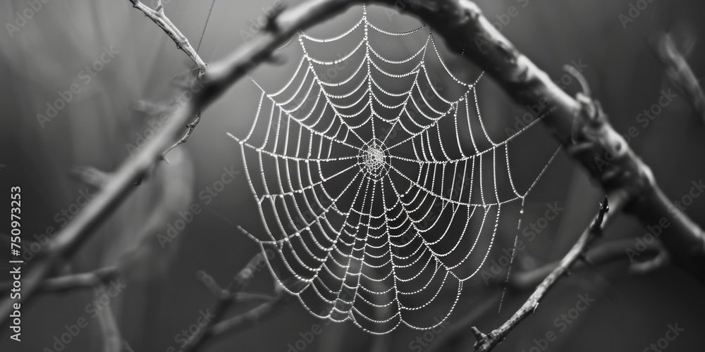 Poster Detailed image of a spider web hanging from a tree branch. Suitable for nature and Halloween themes
