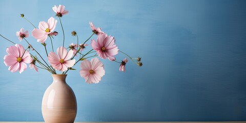 Graceful pink cosmos flowers in a simple blush vase, complementing a two-toned blue and beige backdrop - obrazy, fototapety, plakaty