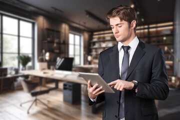 Smiling handsome business man using digital tablet