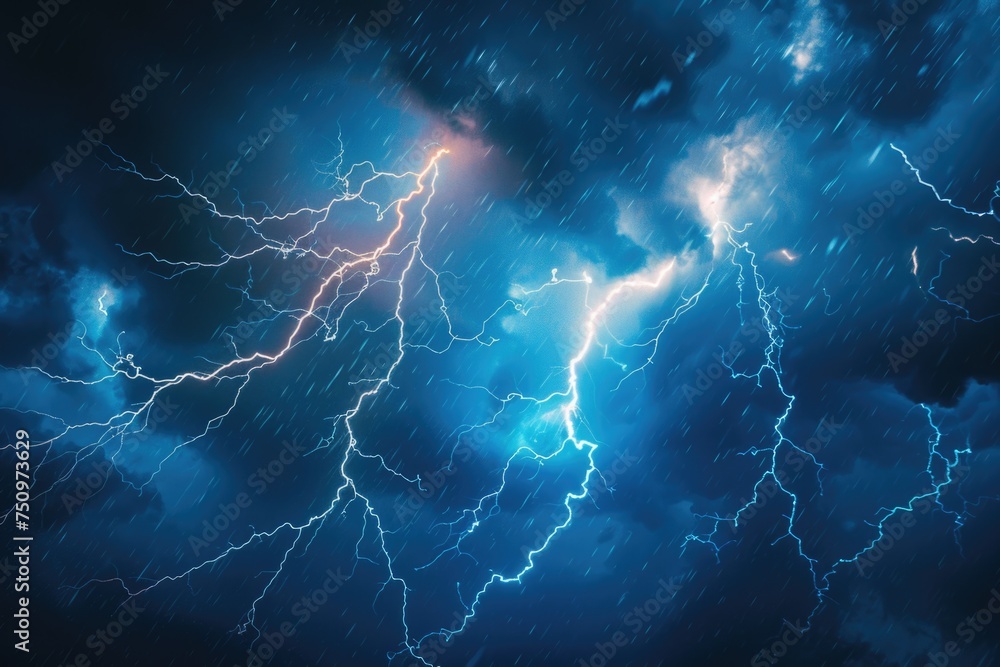 Poster a dramatic scene of lightning strikes in the sky. suitable for weather or natural disaster concepts