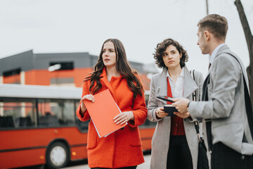 Three professional business people engaging in a serious conversation outside an office...