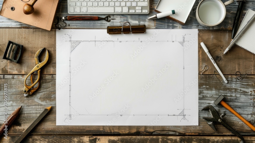 Poster a simple desk with a piece of paper on it. suitable for office or education concepts