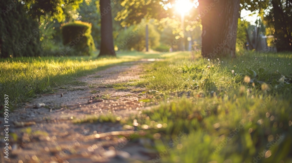 Poster sunlight filtering through trees on a path, ideal for nature or mindfulness concepts