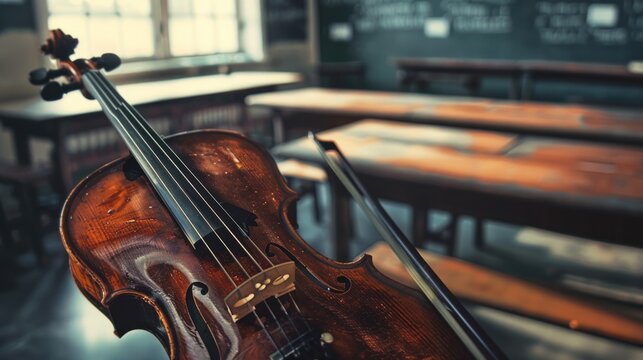 A violin sitting on a desk in a classroom, suitable for educational or music-related designs