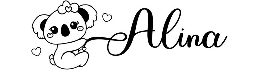 Alina - black color - name written - Word with Koala kawaii for websites, baby shower, greetings, banners, cards,, t-shirt, sweatshirt, prints, cricut, silhouette, sublimation	