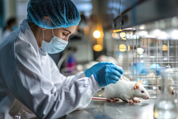 A scientist conducts medical experiments on white mice. Laboratory experiments with animals.