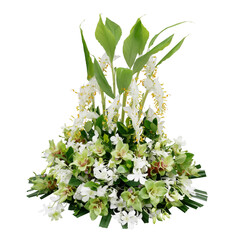 Wedding floral decoration with tropical green leaf plants and exotic flowers (dancing lady ginger, white orchids and Curcuma), floral arrangement bouquet