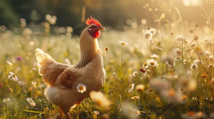 Rolgordijnen A chicken standing in a field of colorful flowers, suitable for farm or nature concepts © Fotograf