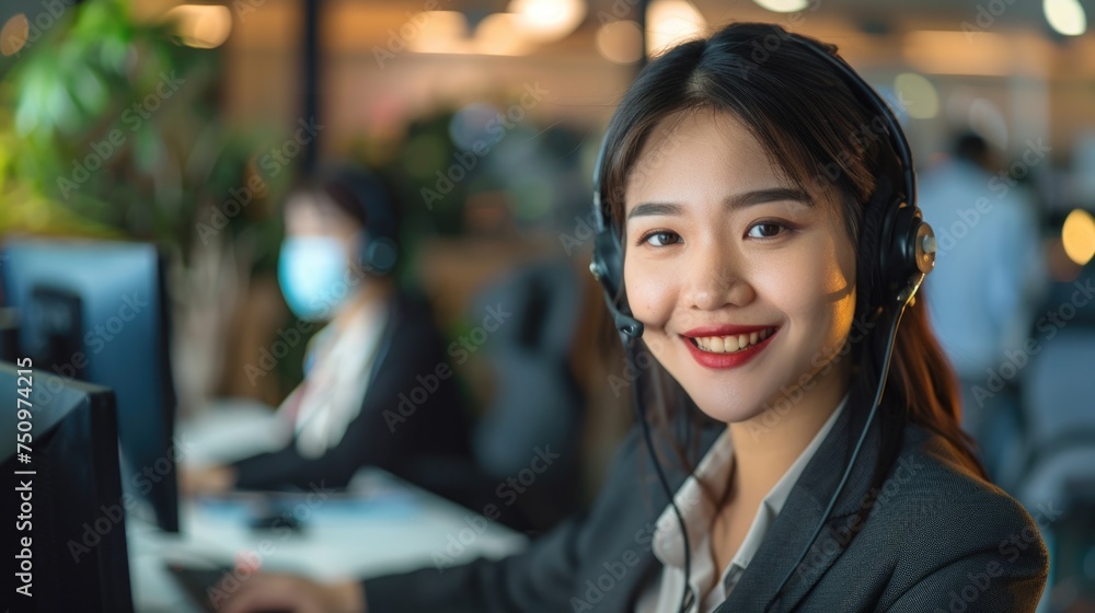 Aufkleber a woman sitting in front of a computer wearing a headset. suitable for technology or work-related co