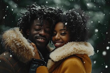 african american young couple wearing long fur coat in snowing with new year atmosphere