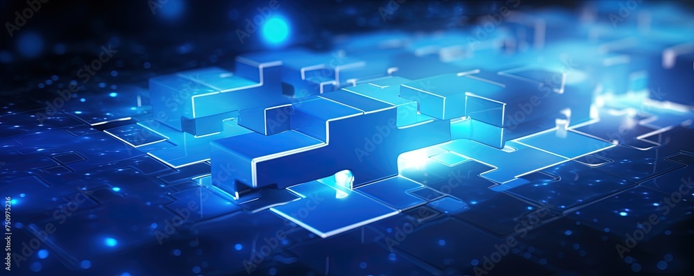 Poster connecting a jigsaw puzzle with glowing blue. low polygon or low poly design and triangle style desi