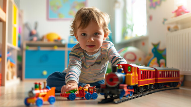 電車のおもちゃで遊ぶ子供／Generative AI