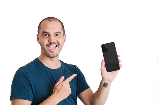 expressive bald man holding his smartphone , white background