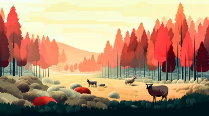 Fotobehang An idyllic illustration depicting a shepherd in a mountain landscape, carefully tending a flock of sheep in a serene countryside. © Людмила Мазур