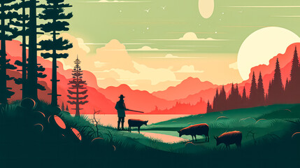 An idyllic illustration depicting a shepherd in a mountain landscape, carefully tending a flock of sheep in a serene countryside. - obrazy, fototapety, plakaty