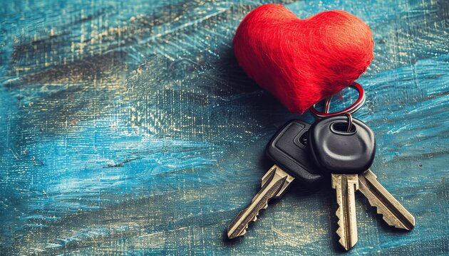 Heartfelt homeownership  house keys with heart keyring, copy space for text placement