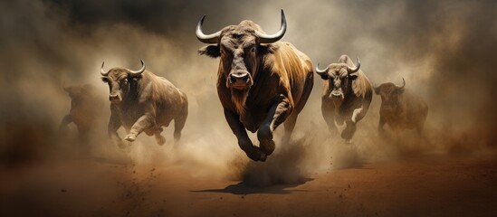 A group of cattle are seen running energetically across a dusty field, their hooves kicking up clouds of dirt as they move. The scene captures the essence of freedom and movement.