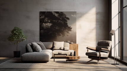 A sophisticated living room with textured walls and a minimalist design, featuring a grey recliner and a round coffee table