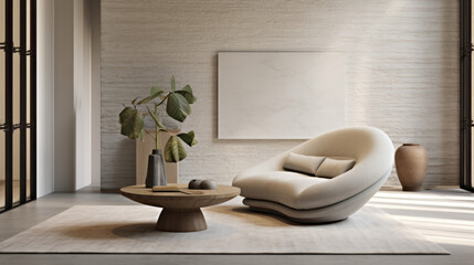 A sophisticated living room with textured walls and a minimalist design, featuring a grey recliner and a round coffee table