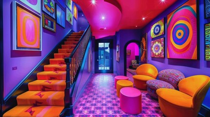 A Living Room With Furniture and Staircase