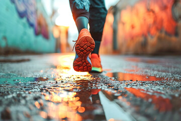 Close-up of feet in sneakers running. Low point of view. Colorful sparkling tones. - obrazy, fototapety, plakaty