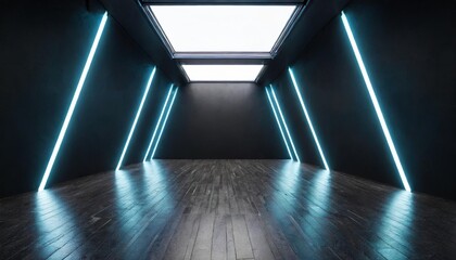 empty black room with glowing neon lights 3d rendering mock up generated