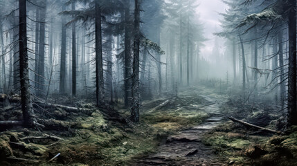 Obraz premium Lush greenery thrives in the tranquil forest, where towering trees and abundant foliage create a picturesque scene of untouched nature.