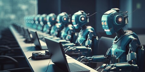 Fototapeta premium Row of robots in call center working as operators answering customer calls