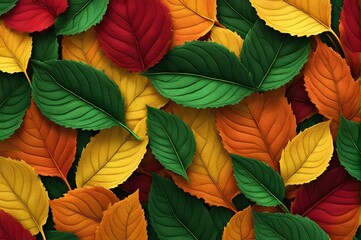 Green, yellow, and red fallen leaves background, fall transition, textured, top view