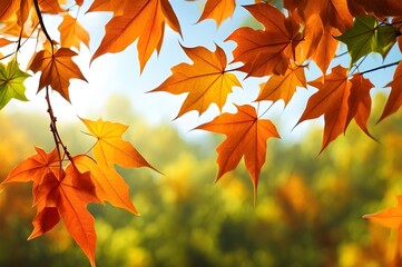 Autumn orange leaves on a tree branch with a bokeh effect defocused background, sunny