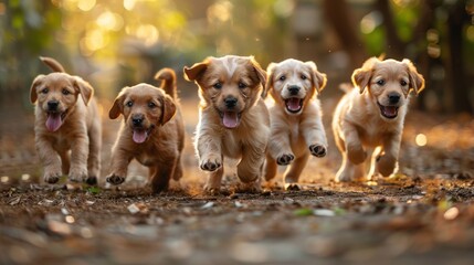 Group of Puppies Running Through Forest
