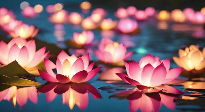 Serene twilight setting showcases vibrant water lilies with gentle illumination, reflecting peace and tranquility on the water's surface. Vesak day concept and Buddha birthday.