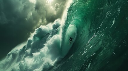 Man Riding Wave on Surfboard