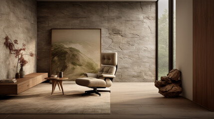 A sophisticated living room with a textured wall finish, a plush armchair