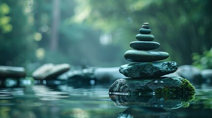 Obraz premium a stack of rocks sitting on top of a body of water
