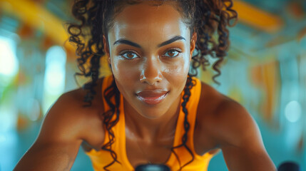 Indoor cyclist immersed in her training regime - obrazy, fototapety, plakaty