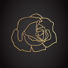 Rose flower in gold colors isolated on black background. Line art vector illustration