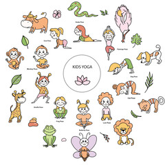 Fototapeta premium Set of kids yoga animal poses and tropical leaves, flowers, branches. Vector cartoon illustration in doodle style.